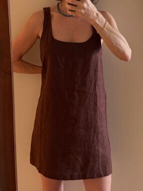 Reformation Sleeveless Mini Shift Dress in Brown Linen